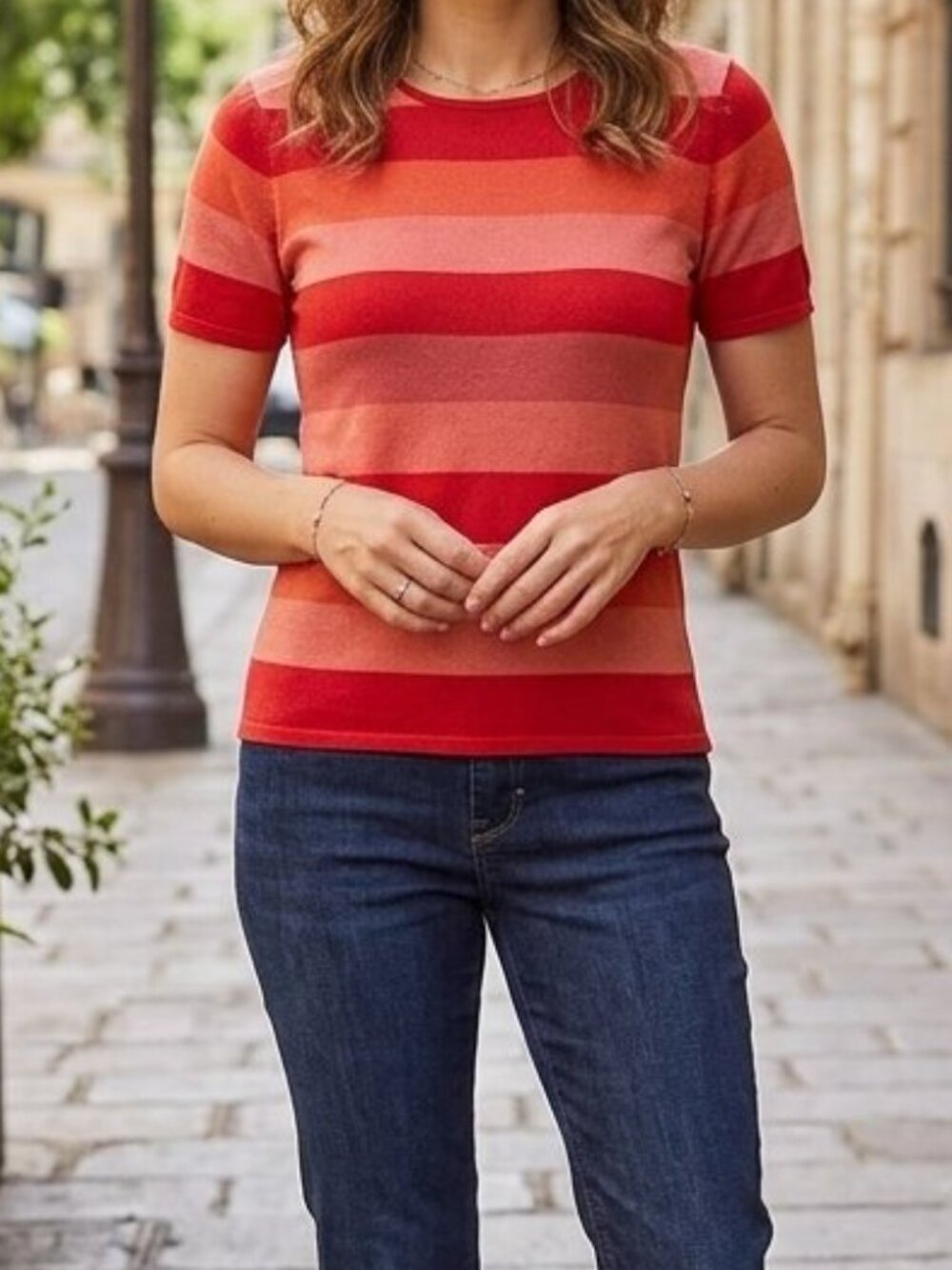 Nygard Collection Women's Striped Short Sleeve Knit Sweater Top Crew Neck Size M